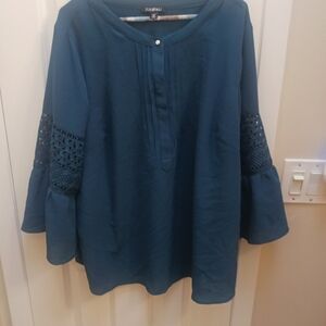 Roz & Ali Teal Blouse with Crochet Sleeves